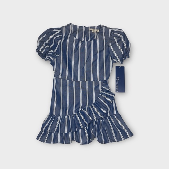 Habitual Striped Ruffled Mock Wrap Blue Dress - Picture 4 of 6